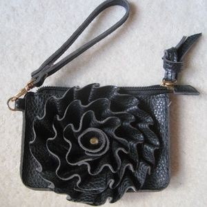 Jazzd black leather flower wristlet